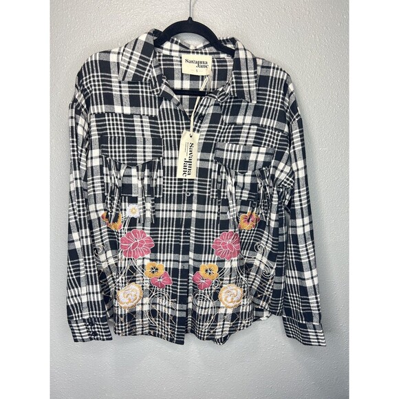 NWT! Savanna Jane Long Sleeve Black Plaid Embroidered Fringe Detail Blouse Top S - Picture 1 of 8